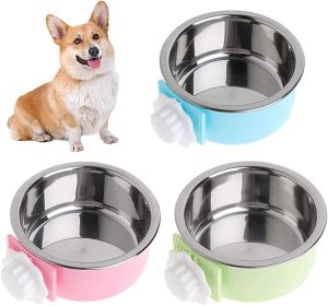Crate Dog Bowl; Removable Stainless Steel Hanging Pet Cage Bowl Food & Water Feeder (size: pink)