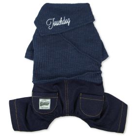 Touchdog Vogue Neck-Wrap Sweater and Denim Pant Outfit (Color: Navy)